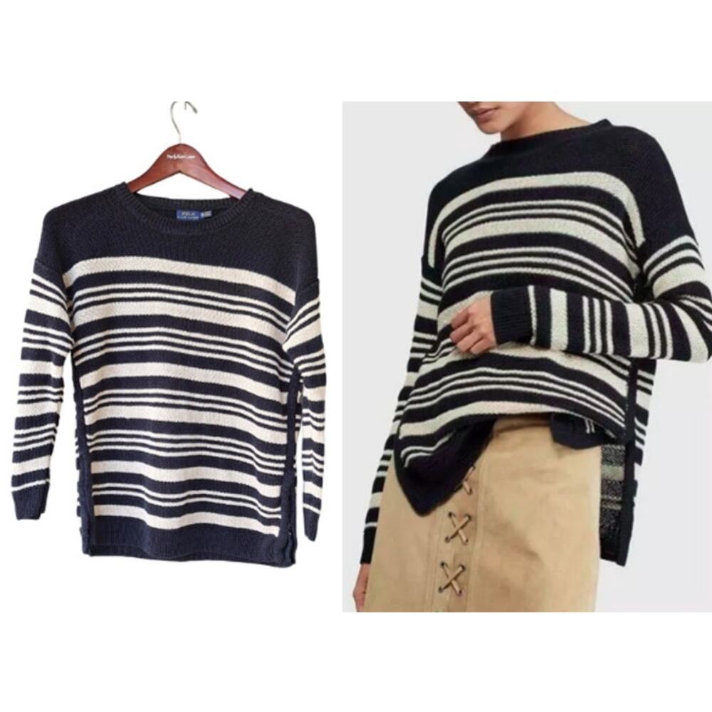 Polo Ralph Lauren Women's 100% Linen Knit Striped Sweater Black Beige Size XL